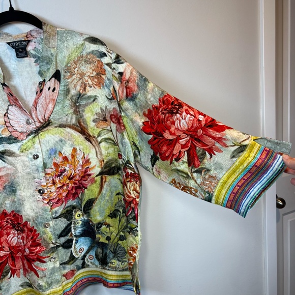 Citron Santa Monica Chrysanthemum Butterfly Silk Blend Button Up Blouse Shirt XL - Picture 6 of 14